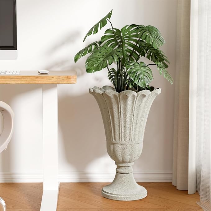 Tall Plastic Urn Planters for Outdoor Plants Set of 2-23.6" H Classic Petal Design Indoor Large Flower Pots with Drainage Holes, Outdoor Planters for Porch Decor/Garden Vase, Beige/Off White