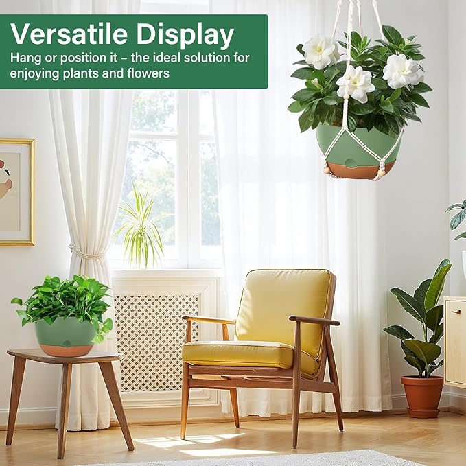 Hanging Planters for Indoor Plants, 2 Pack 8 Inch Self Watering Hanging Pots for Plants with Drainage Holes, Indoor Outdoor Hanging Flower Pots for Home Garden Ceiling Decor (Green)
