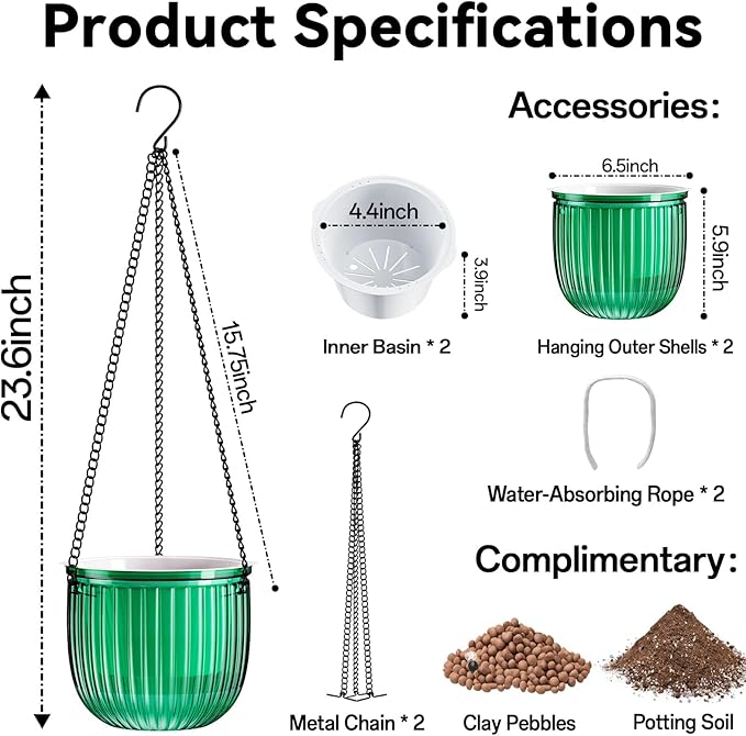 Halatool 2 Pack 6.5 Inch Self-Watering Hanging Planters for Plants, Indoor Hanging Flower Pots for Garden Home Wall Decor, Green