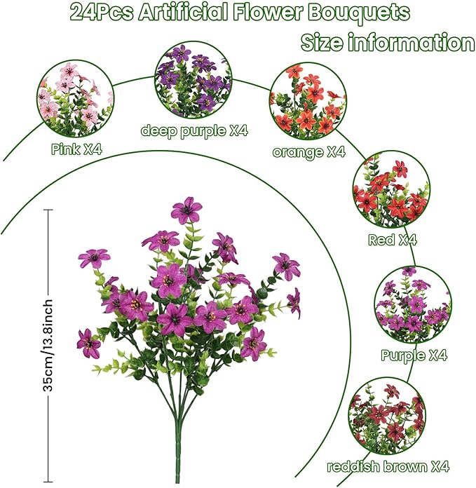 SHareconn 24 Bundles Artificial Flowers for Outdoor Spring Decorations, Realistic Fake Silk Plants UV-Resistant for Outdoor Planters,RedBrownPurpleDeepPurpleOrangePink