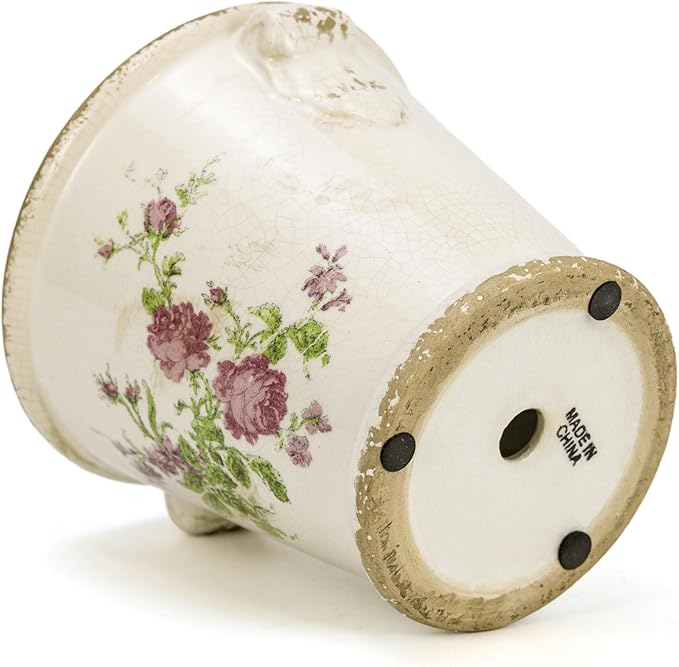 Vintage Ceramic Flower Pot with Drainage Holes and Handle,Ice Crack Country Rustic Planters for Indoor Outdoor,Tuscan Decor,Home and Garden Decor,Gardening Present