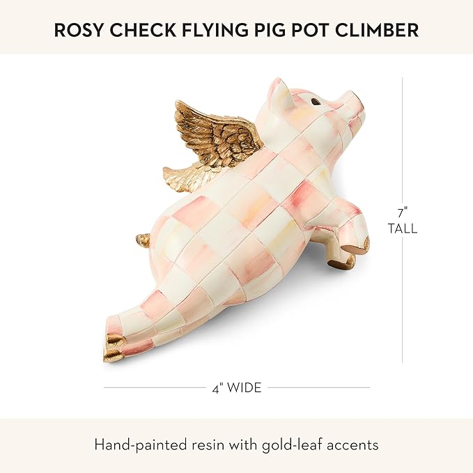 MACKENZIE-CHILDS Pot Climber, Decorative Indoor and Outdoor Planter Hanging Decor, Pink-and-White Rosy Check Flying Pig