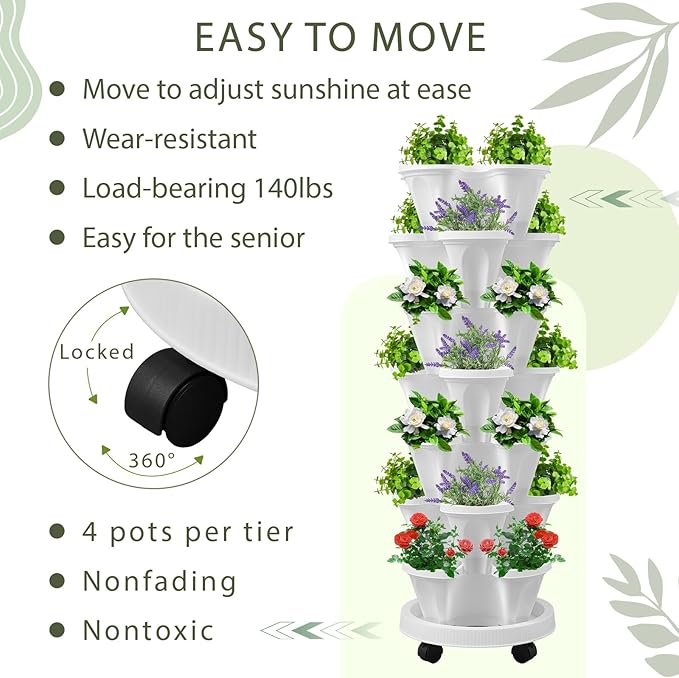 Umigy 1 Set White 7 Tier Vertical Planter Stackable Tower Planters Strawberry Herb Flower and Vegetable Pots Indoor Outdoor Gardening Pots with Removable Wheels and Tools