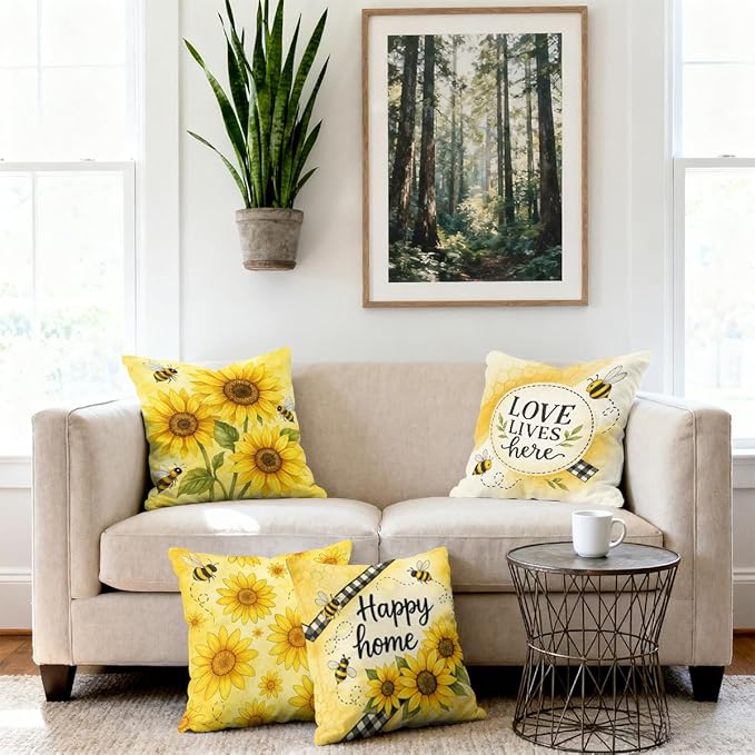 Sunflower Pillow Covers 18x18 inch Set of 4, Yellow Bee Honeycomb Love Home Throw Pillows Cover Sofa Couch Pillow Cases for Farmhouse Indoor Home Decor Decorations