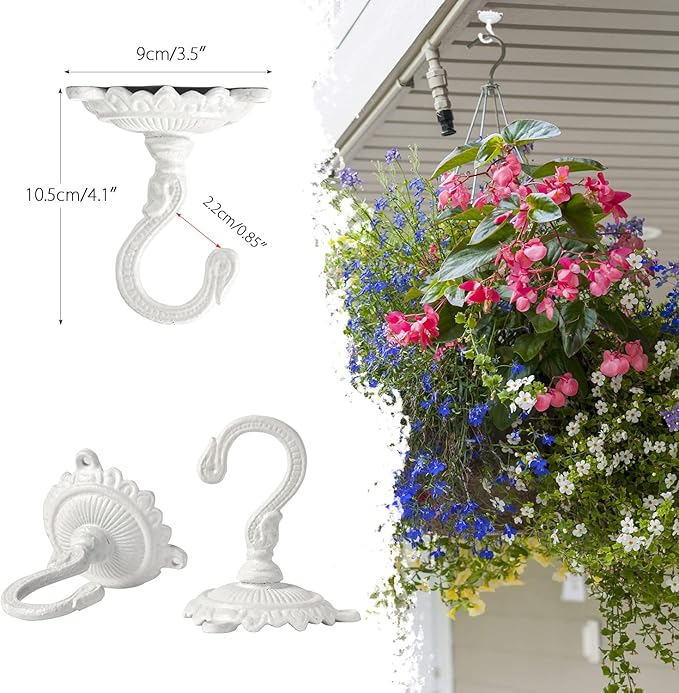 Sungmor Heavy Duty Ceiling Hooks for Hanging Plants, 3PC White 3.5x3.9Inch Large Cast Iron Ceiling Hooks, Antique Decorative Ceiling Swag Hooks for Hanging Planter Chandelier Wind Chime Lantern Hanger