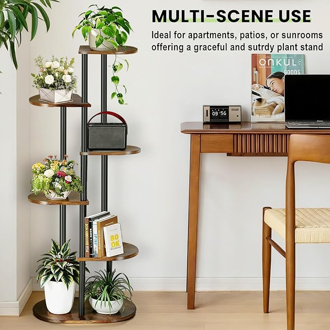 Tiered Plant Stand Indoor, Tall 6 Tier 7 Potted Wooden Plant Shelf for Multiple Plants, Multi Plant Holder Indoor for Patio Garden Patent Design Living Room Bedroom, Rustic Brown