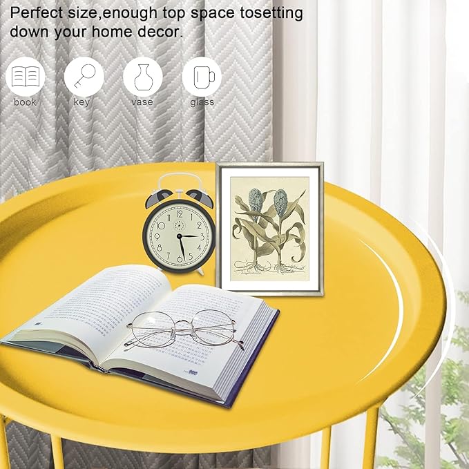 Garden 4 you Small Side Table, Round End Table, Outdoor Side Table with Metal Frame, Bedside Table for Living Room, Bedroom, Patio, Small Space, Yellow