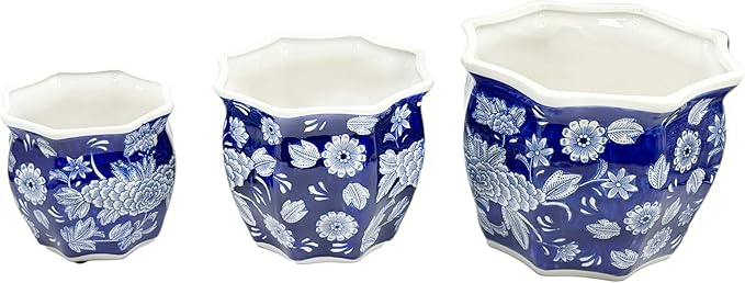 Galt International Dark Blue & White Round Fluted Floral Porcelain Ceramic Plant Flower Planter Pot Set of 3 (7.5", 10", 13") Garden Pots Chinese Asian Design