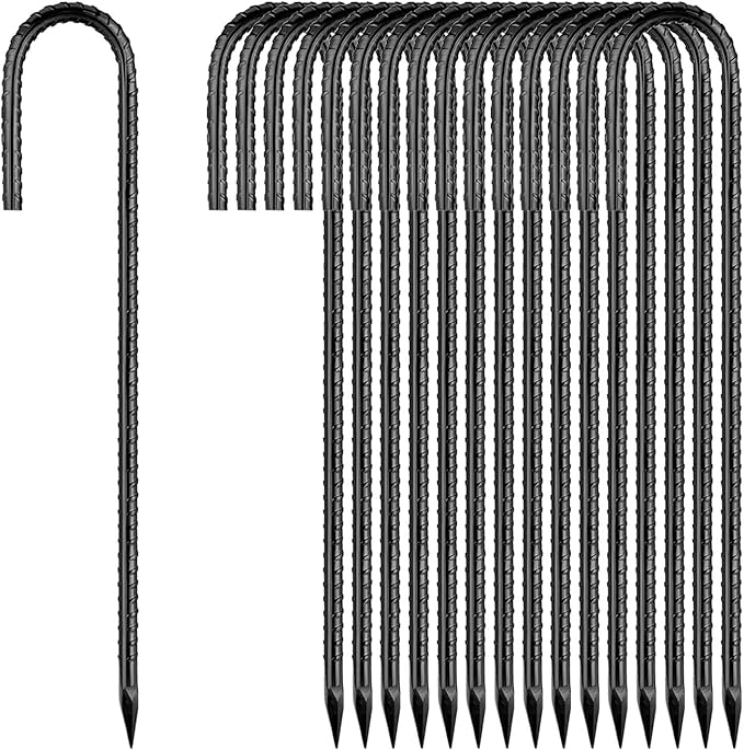 12 Inch Rebar Stakes, J Hook Ground Stakes 50 Pack Black Ground Anchors for Tent Heavy Duty for Plants Anti-Rust Landscape Fabric Artificial Turf