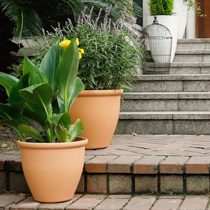 Worth Garden 2-Pack 15" Dia. Round Planters - Large Plastic Plant Pots with Drainage Hole for Indoor & Outdoor Use- Lightweight Decorative Flower Tree Containers for Porch, Patio, Yard, or Deck