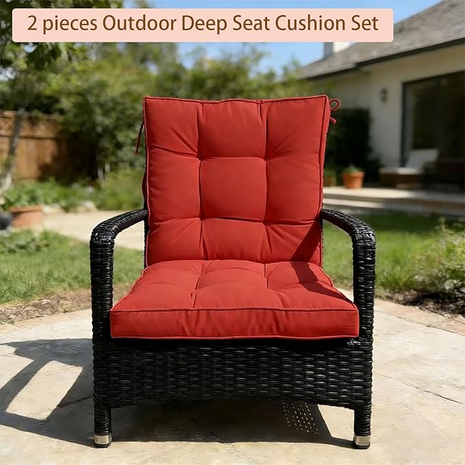 2 Piece Outdoor Patio Chair Cushions, Fade Resistant Outdoor Cushions for Patio Furniture, 6 inch Thickened Rocking Chair Cushions Set (Red, 24x24x6 inch - 2 Pieces)