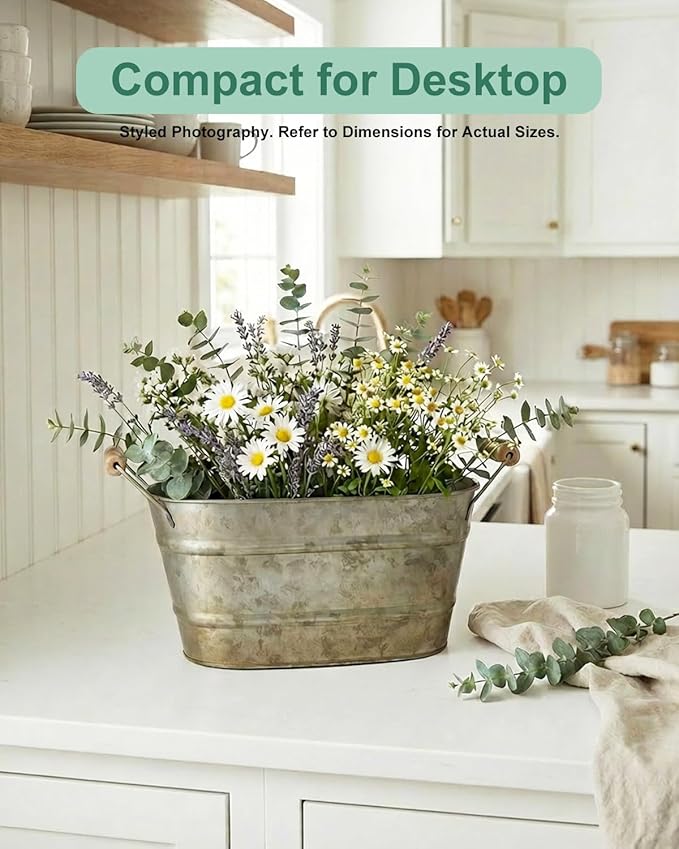 vensovo Galvanized Metal Oval Planter Buckets with Handles – Set of 3 Rustic Farmhouse Flower Tubs with Drain Holes & Plugs, Vintage Small Pots for Herbs, Succulents, Wedding or Tabletop Decor