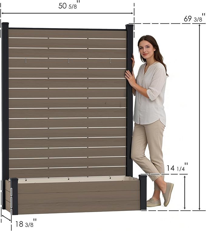 Kozyard Privacy Screen with Planter, 70" H x 51" W Outdoor Garden Screen, Waterproof Aluminum Frame with Thick Wood-Plastic Boards, Decorative Privacy Screen for Patio, Balcony & Backyard Beige