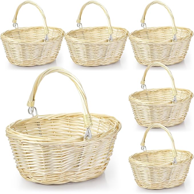 Barydat 6 Pcs Small Wicker Picnic Basket with Handle Flower Girl Baskets Oval Willow Woven Braided Gift Basket for Easter Weddings Baby Shower Home Garden Decor (Beige,9" x 7" x 4")