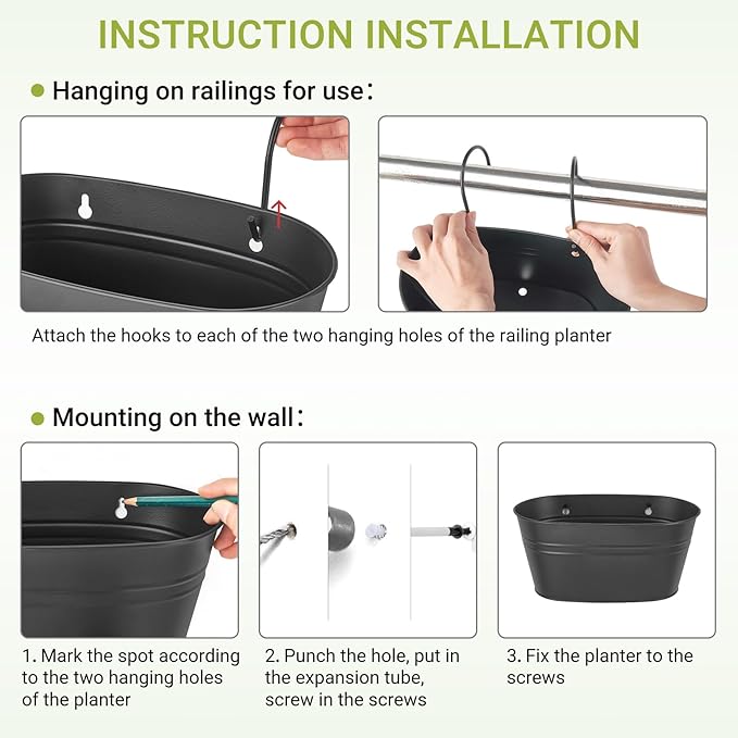 Dahey 3 Pcs Wall Planters for Indoor Plants 10.6 Inch Metal Hanging Flower Pots for Railing Fence Outdoor Countryside Window Flower Holder with Hooks Drainage Holes for Garden Yard Home Decor, Black