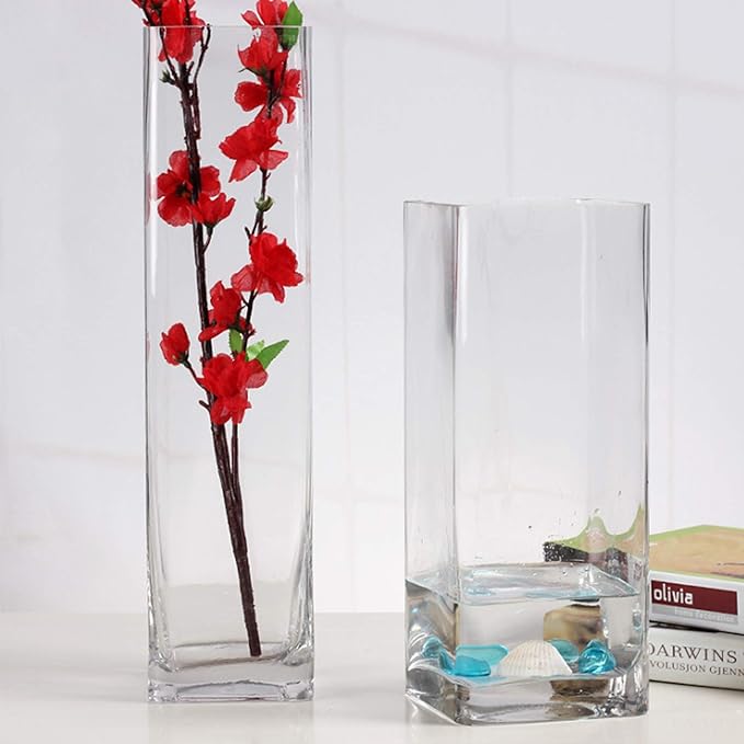 WGV Tall Square Vase Glass Block, Length 4", Height 16", Clear Floral Container, Masterpiece, Planter Terrarium for Wedding Party Event, Home Office Decor, 1 Piece
