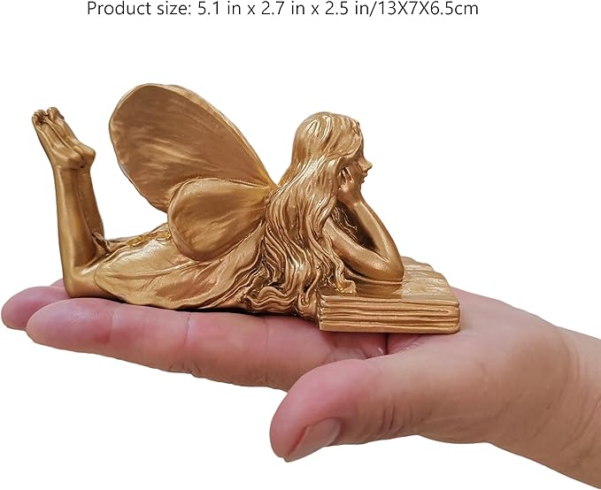 Fairy Figurines - Golden Fairy Reading Statue for Garden, Home Decor, Small Outdoor Angel Figurines, Unique Gift Idea