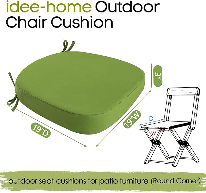 idee-home Outdoor Chair Cushions Set of 4, 19" x 19" x 3" Thick D-Shaped Patio Furniture Outdoor Seat Cushions Waterproof with Ties, Dining Pads