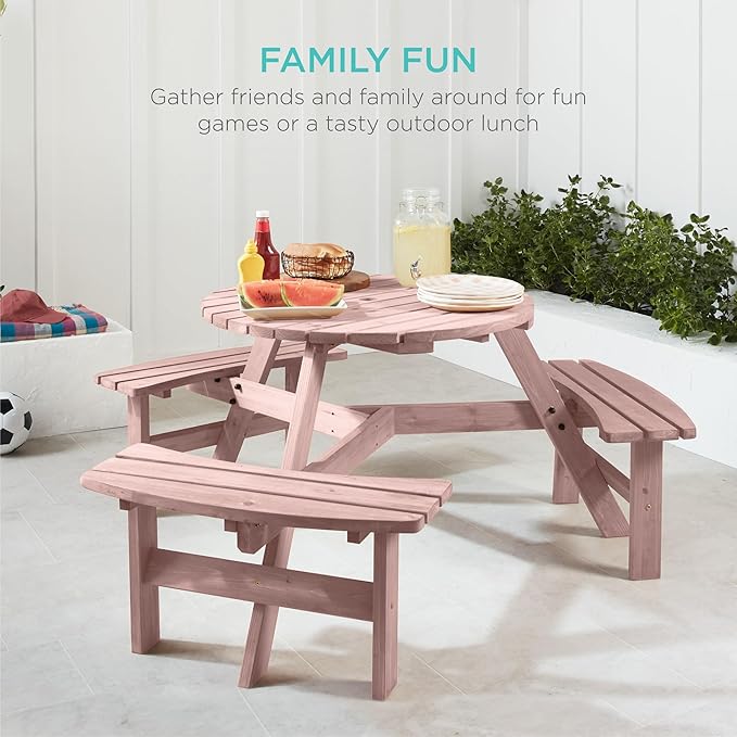 Best Choice Products 6-Person Circular Outdoor Wooden Picnic Table for Patio, Backyard, Garden, DIY w/ 3 Built-in Benches, 500lb Capacity - Rose Quartz