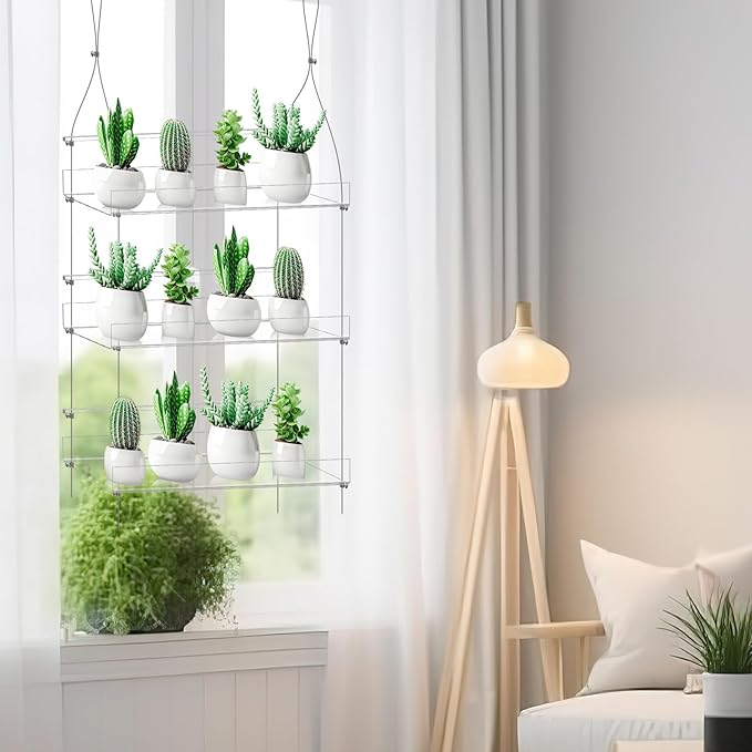 2 Pcs 16 Inch 3 Tier Clear Hanging Window Plant Shelves Acrylic Shelves Hanging Plant Stand Window Hanger Flower Pot Organizer Storage for Indoor Wall Garden Grow Herb
