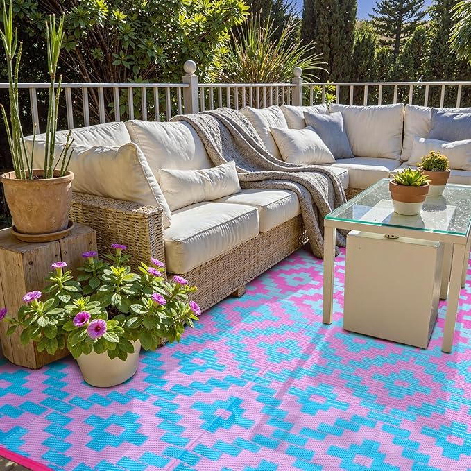 Wonnitar 8x10 Outdoor Rug, Large Waterproof Reversible Plastic Straw Rug for Patios, Indoor/Outdoor Area Rug Lightweight Camping Rug for Outside RV Balcony Garden Deck, Blue/Purple