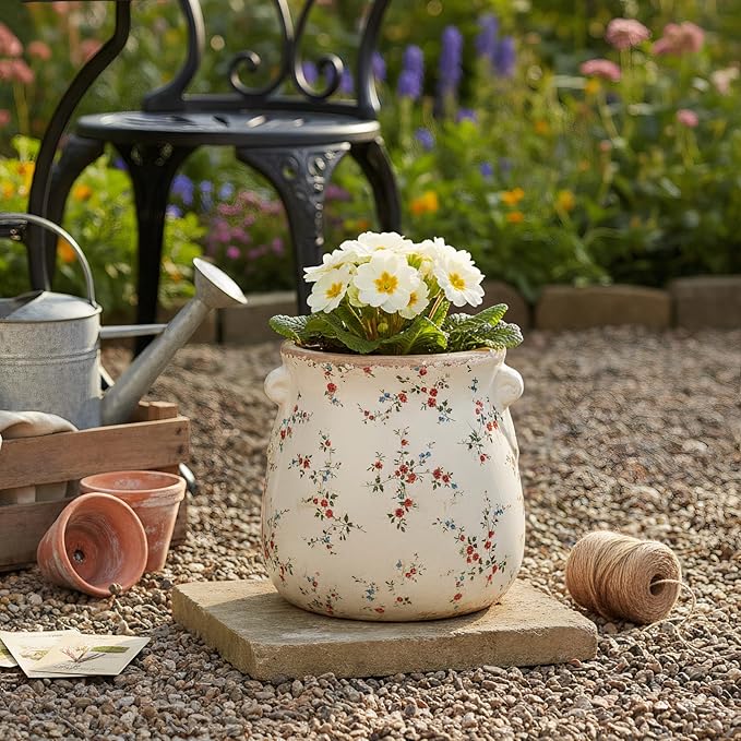 Ceramic Vases for Centerpieces, Shabby Chic Vase & Flower Pot with Drainage, Country Chic Decor for Office Room Garden Balcony Mantel Fireplace Table & Shelf, Red Floral