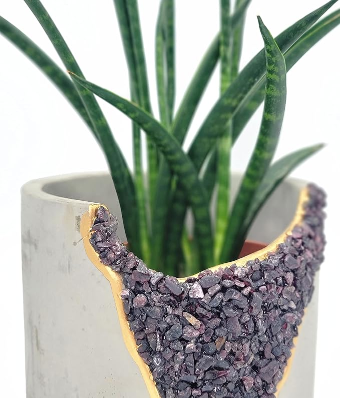4 Inch Crystal Plant Pot with Saucer - Cement Geode Planter - Concrete Pots for Plants - Modern Succulent Pot Indoor - Unique Air Plant Holder - Candle Holder - Small Plant Home Decor (Red Garnet)