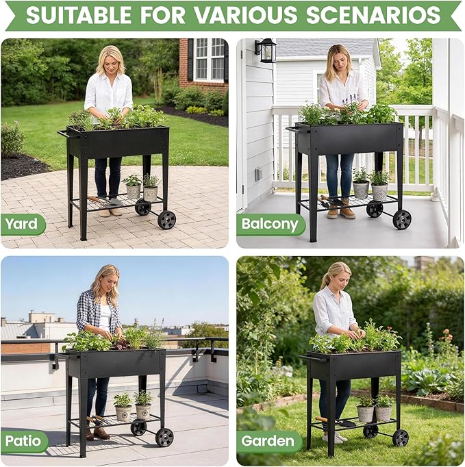 Tall Raised Garden Bed Outdoor with Wheels, Metal Elevated Raised Planter Box with Drainage Holes for Vegetables, Flower, Herbs(Black)