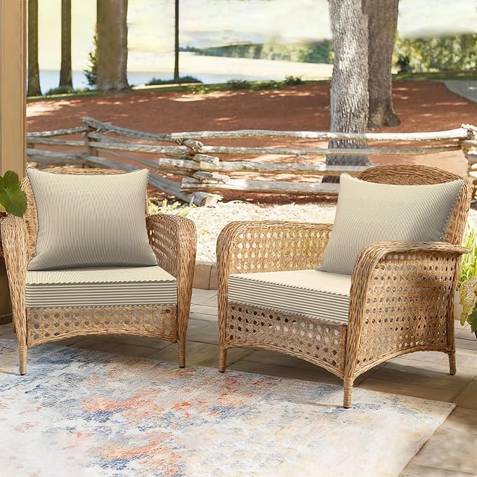 Outdoor Deep Seat Cushion Set, Water Repellent 24"x24" Patio Thick Cushions Replacement with Seat & Back Pillow for Patio Sofa, Wicker Chair, Couch - Stripe Beige