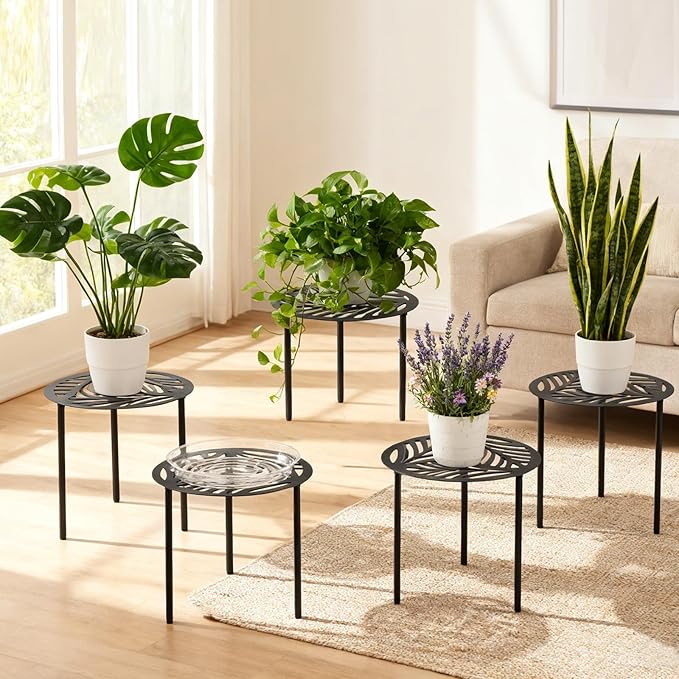 5-Pack 12 Inches Large Heavy-duty Metal Plant Stands Flower Pot Holder for Indoor Outdoor Rust-proof Potted Planter Riser Modern Round Corner Stand Shelf for Living Room Patio Garden Yard, Black, 12" D x 12" H