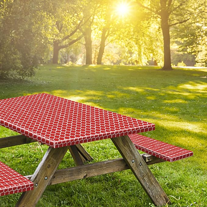 KENOBEE 6ft Picnic Table and Bench Cover, Camping Essentials RV Gear, 72 in Waterproof Windproof Outdoor Elastic All Around Tablecloth, Fitted Rectangle Tables and Seats, Red-White Moroccan
