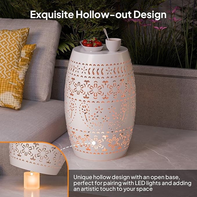 Outdoor Accent Iron Side Table,9.4" Steel Patio End Table, Round Hollow Drum Patio Garden Stool,Round,Iron Decorative Garden Stool,for Indoor and Outdoor,White