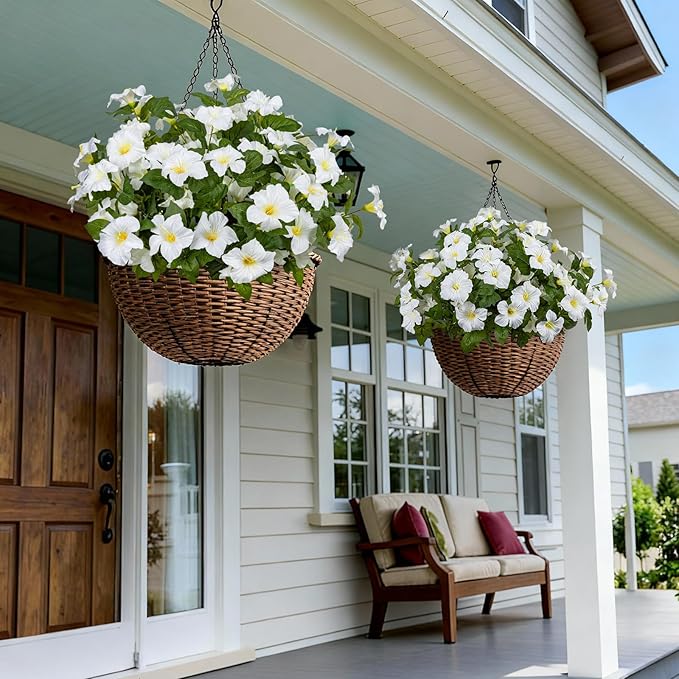 19 Inch Artificial Fake Flowers for Outdoor,4 Pcs White Faux Silk Petunias Spring Flowers for Outside for Indoor Porch Planter Front Door Garden Patio Window Box Home Decor
