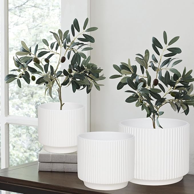 Oakrain Plant Pots Set of 3 with Vertical Stripes 7.8/6.5/5.2 inch, Modern Decorative Planters for Indoor Outdoor Plants, Garden Flower Pot with Drainage Holes, Ceramic White