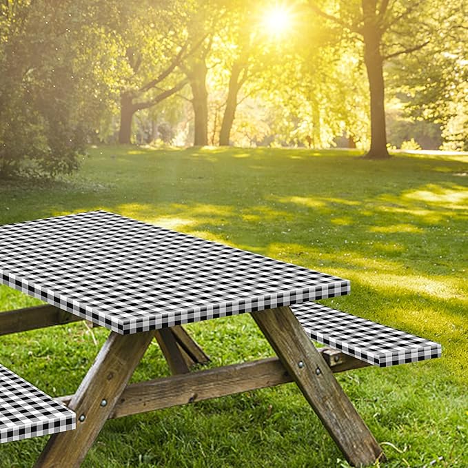 KENOBEE 7ft Picnic Table and Bench Cover, Camping Essentials RV Gear, 84 in Waterproof Windproof Outdoor Elastic All Around Tablecloth, Fitted Rectangle Tables and Seats, Black-White Checkered
