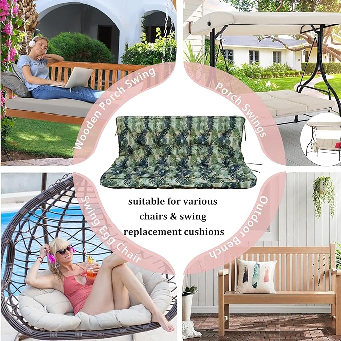 2-3 Seat Swing Replacement Cushion, Outdoor Bench Cushions with Backrest Thicken 4", Patio Furniture Garden Porch Loveseat Glider Pad Anti-Fading Waterproof (Palm Leaves, 40x70in-thicken)