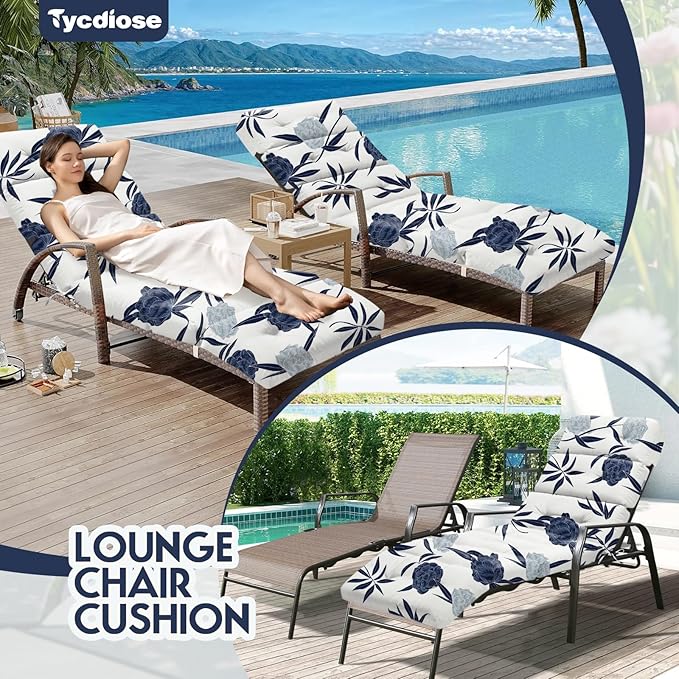 All Weather Chaise Lounge Cushions Outdoor Lounge Chair Cushion, Waterproof Memory Foam Chaise Lounger Chair Cushion for Outdoor Patio Furniture with Non-Slip Back and Ties, Blue Enchantress