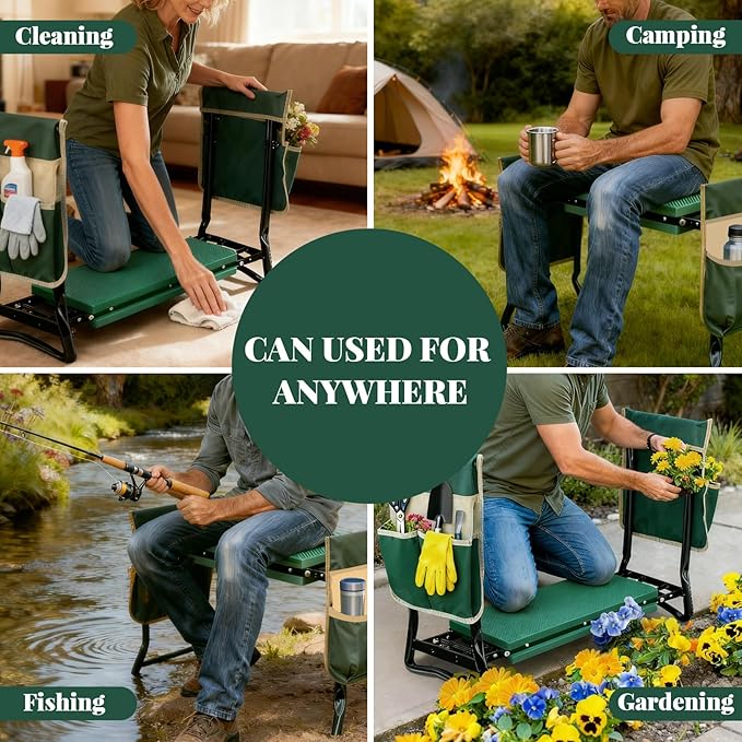 Upgraded Garden Kneeler and Seat with Thicken & Widen Soft Kneeling Pad,Heavy Duty Gardening bench kneeler and seat Foldable Gardening Stool with 2 Tool Pouches,Gifts for Women, Seniors, Mom & Dad