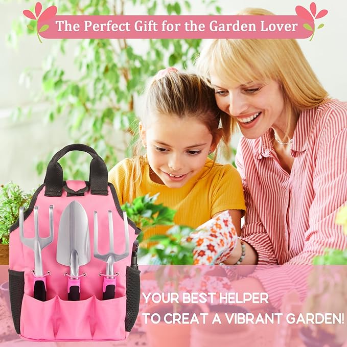 Covacure Gardening Tool Set - 11 Piece Aluminum Alloy Steel Hand Tool Starter Kit with Garden Bag, Outdoor Tool, Heavy Duty Gardening Work Set, Gardening Tools Gift for Women and Men(Pink)