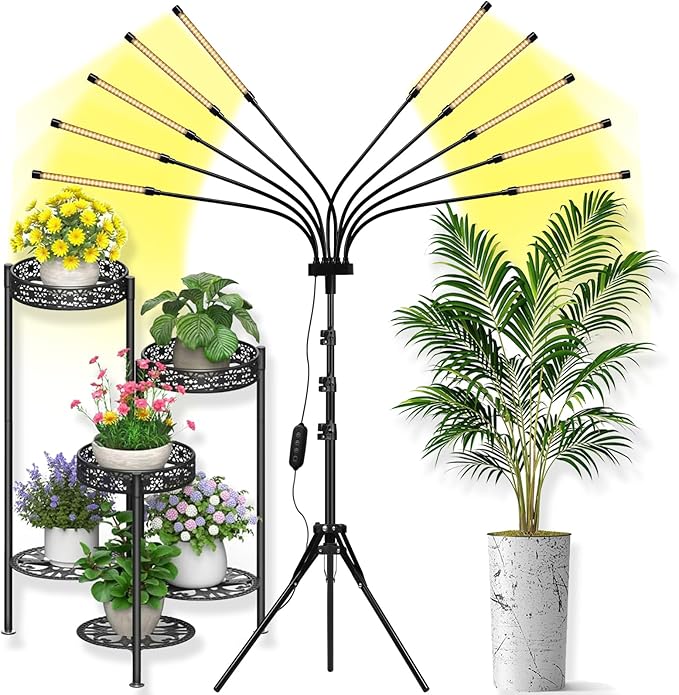 Grow Lights for Indoor Plants 8 Heads, Full Spectrum Plant Lights for Indoor Growing with Tripod Stand, Auto On/Off Timing 4/8/12H, LED Grow Lights for Indoor Plants. (10 Arms Full Spectrum)