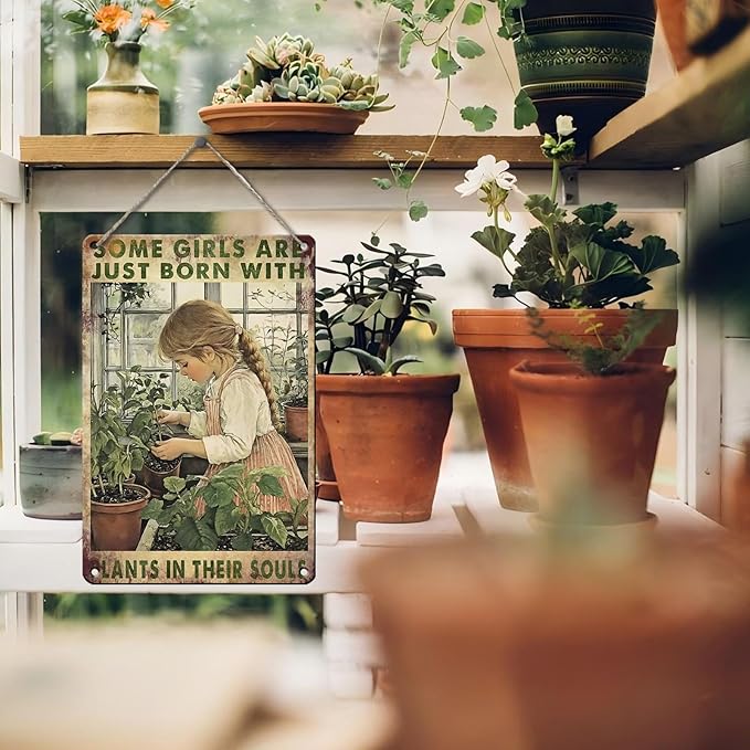 PEACHGARDEN Garden Decor Outdoor Metal Sign Some Girls are Just Born with Plants Retro Poster Tin Sign for Home Planting Room Yard Patio 8x12inch
