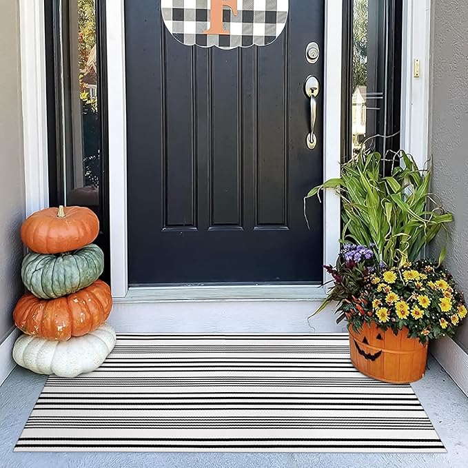 OJIA Black and White Outdoor Rug 2'x4.3', Machine Washable Front Door Mats Outdoor Cotton Woven Outdoor Doormat Front Porch Rug Indoor Door Mat Entryway Striped Rugs for Farmhouse/Kitchen/Entrance