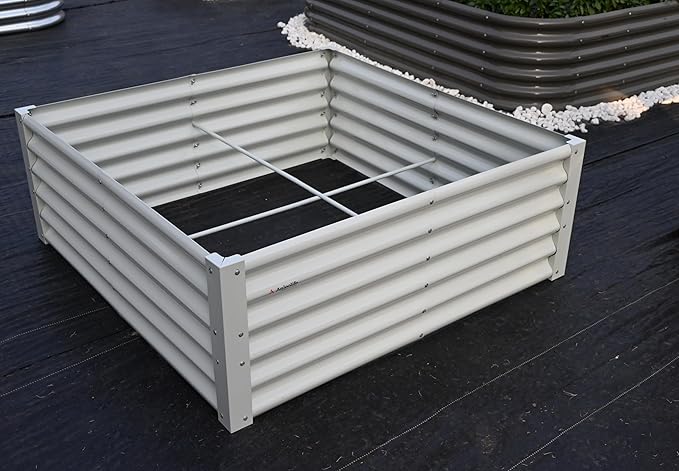 A ANLEOLIFE 8-Piece 18 Inch Tall Antique White Raised Garden Beds Kit, L-Shaped & Square Metal Planters – Ideal for Structured Backyard Layouts