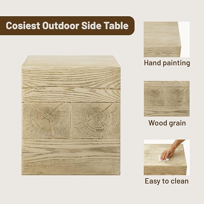 COSIEST Outdoor Side Table Faux Wood Patio End Table, Hand-Painted Wooden Plant Stand, Stool, Ottoman for Deck, Garden, Yard, Indoor