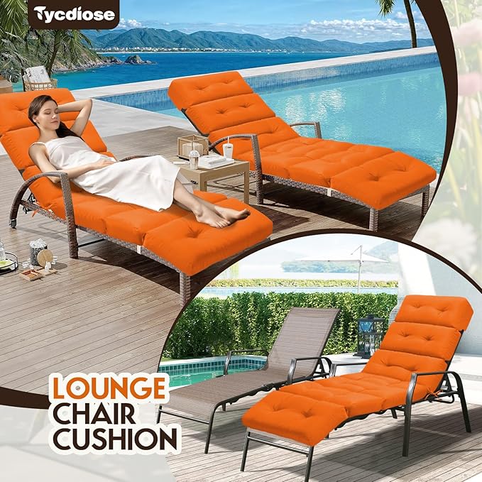 All Weather Chaise Lounge Cushions Outdoor Lounge Chair Cushion, Replacement Chaise Lounger Chair Cushion Waterproof for Outdoor Patio Furniture with Non-Slip Back and Ties, Orange