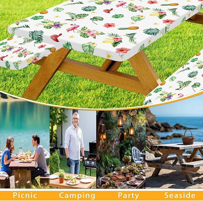 Picnic Table Cover with Bench Covers and Bag, Summer Outdoor Waterproof Windproof Tablecloth with Elastic Edges, Camping Accessories RV Gear Campers 96x30 Inches 4 Pcs Set, White