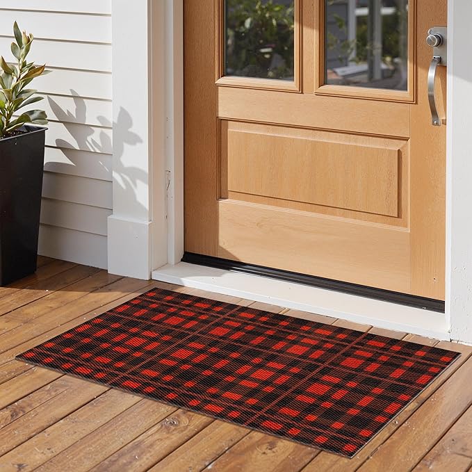 GENIMO Door Mat 18X30 Inch Buffalo Plaid Christmas Decor Rug Outdoor Geometric Checked Rugs, Washable Carpet for Front Porch, Kitchen, Farmhouse, Entryway Low Pile Doormat Black and Red