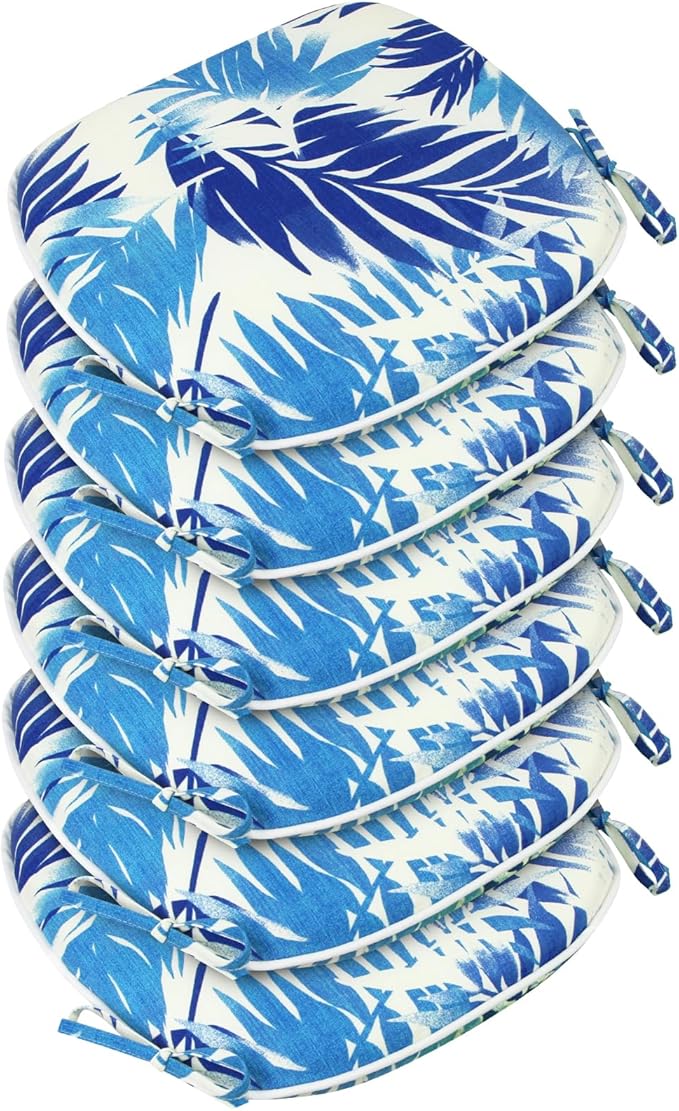 SleepMan Outdoor 17"x16" Chair Cushions with Ties Set of 6, Water Resistant All Weather U-Shape Seat Pads for Patio Garden Furniture Indoor Fade Resistant Patio Cushions (Blue Bamboo)