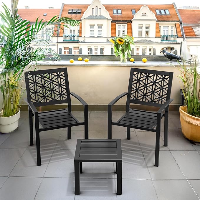 VINGLI 3-Piece Outdoor Bistro Set, Stackable Modern Metal Steel Table and Chairs with Rust-Resistant Coating, Small Patio Furniture Conversation Set for Porch, Deck, Balcony, Garden, Black