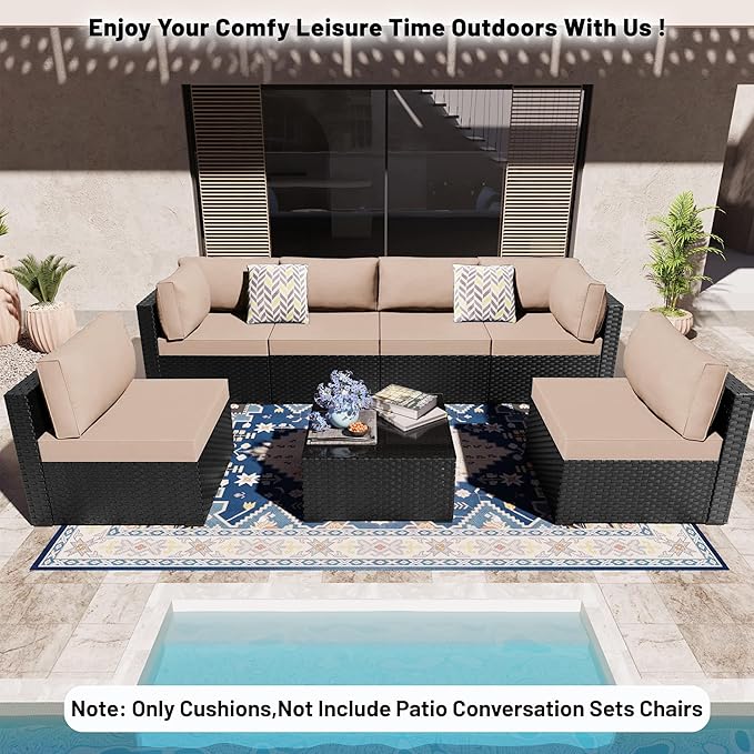 14 Piece Outdoor Sectional Cushions, Water-Resistant Outdoor Sofa Cushions Replacement, 4" High Density Foam Patio Furniture Cushions Fits 6-seat Rattan Conversation Set (Khaki)